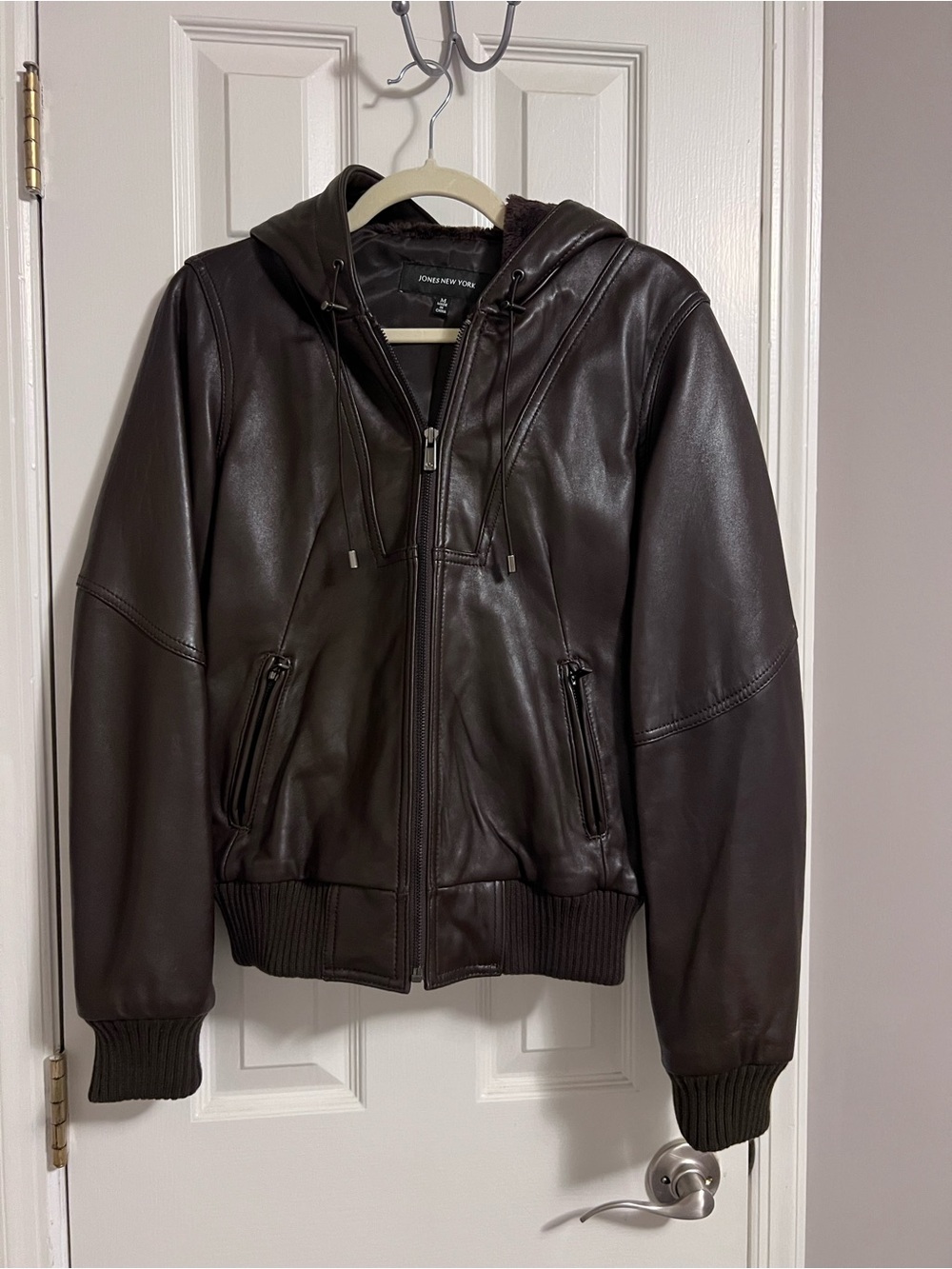 Jones New York Brown Leather Jacket w/Hood - Medium - like new & never worn